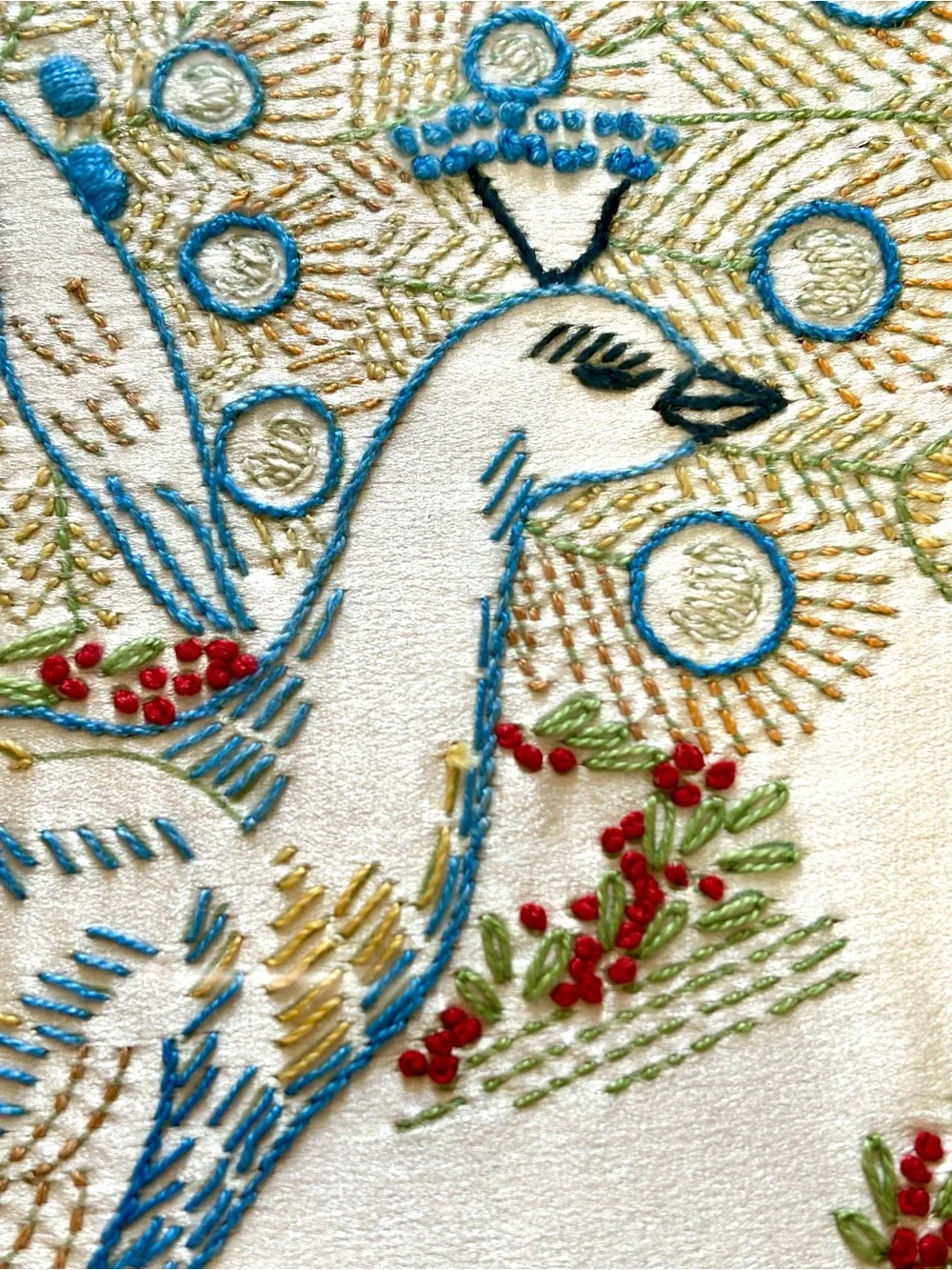 Vintage- Framed w/ Glass Embroidered Peacocks and florals
